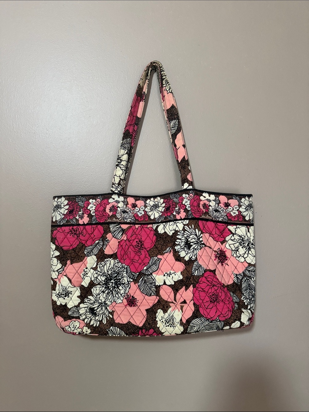 Vera Bradley Mocha Rouge Pink and Brown Floral Quilted Tote Bag Retired Pattern